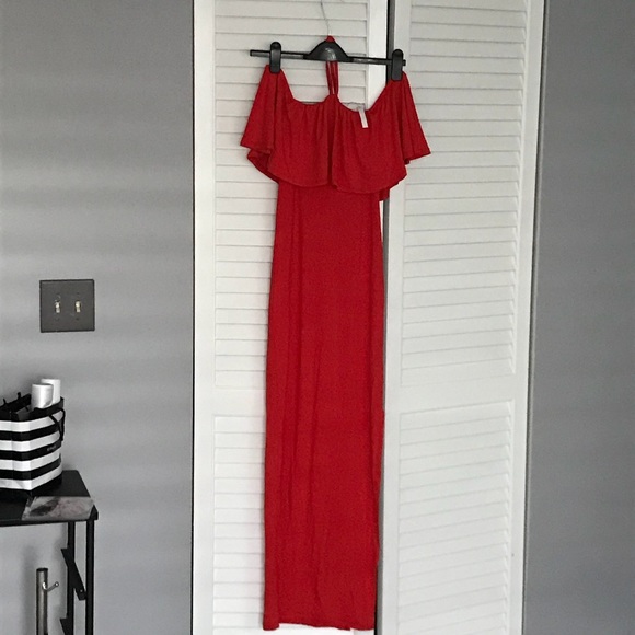 NWT Cold Shoulder red halter dress floral slip - Picture 3 of 3